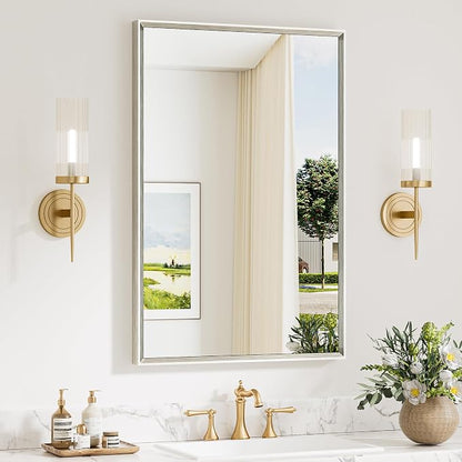 Keonjinn 24 x 36 Inch Brushed Nickel Bathroom Mirrors for Wall, Metal Frame | Anti Rust, Rectangular Mirrors for Bathroom Sink, Farmhouse Bathroom Vanity Mirror, Safety HD Tempered Glass, Square Corner