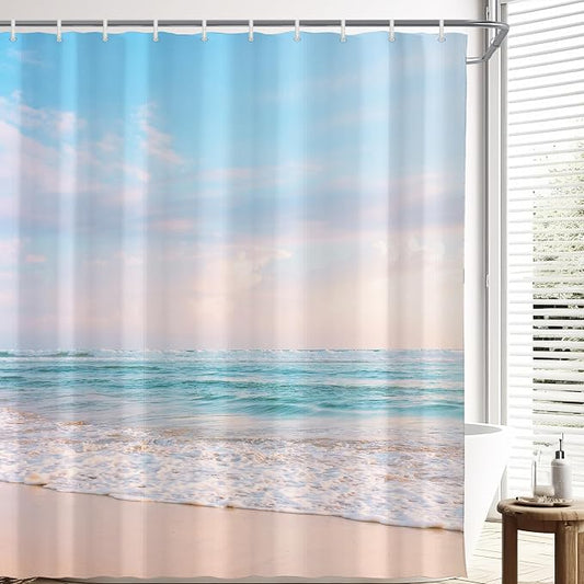 Ocean Beach Coastal Seaside Shower Curtain for Bathroom 60W*72H Inch Nautical Summer Seacoast Beachy Waves Bathtub Decor Seascape Nature Waterproof Polyester Fabric Set with 12 Hooks(10 Holes)