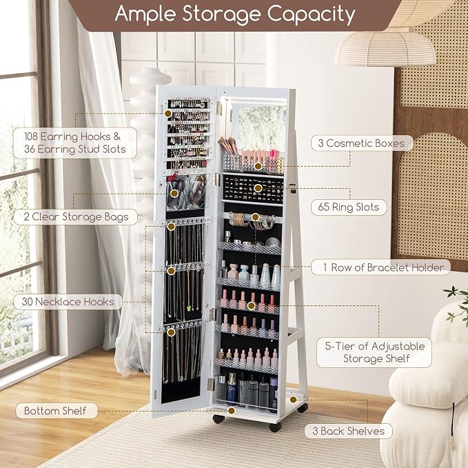 GOFLAME Jewelry Cabinet with Full Length Mirror, Lockable Jewelry Storage Organizer with Wheels, 3-Color LED Lights, Inner Mirror, Freestanding Jewelry Armoire with Rear Storage Shelves, White