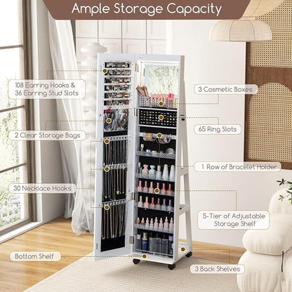 GOFLAME Jewelry Cabinet with Full Length Mirror, Lockable Jewelry Storage Organizer with Wheels, 3-Color LED Lights, Inner Mirror, Freestanding Jewelry Armoire with Rear Storage Shelves, White