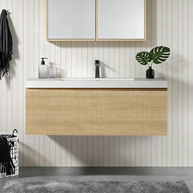 36'' Floating Bathroom Vanity with Sink, Wall-Mounted Bathroom Storage Cabinet with Soft-Close Striped Drawer & Solid Surface Basin, Modern Natural Oak Body with Internal Handle, Wood