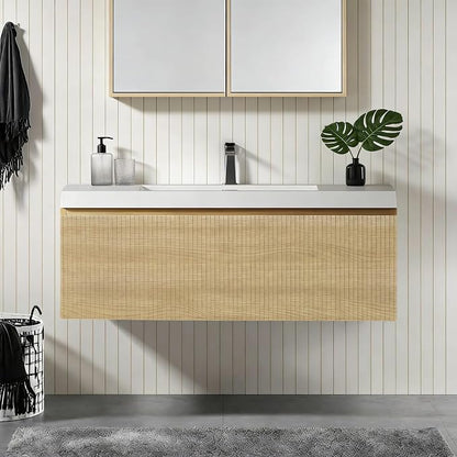 36'' Floating Bathroom Vanity with Sink, Wall-Mounted Bathroom Storage Cabinet with Soft-Close Striped Drawer & Solid Surface Basin, Modern Natural Oak Body with Internal Handle, Wood