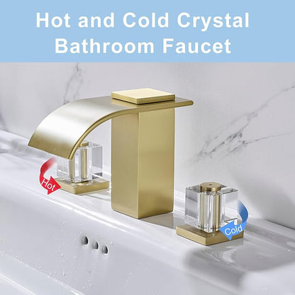 Brushed Gold Waterfall Bathroom Faucet 3 Hole Widespread Sink Faucet with Crystal Handles, Modern Bathroom Sink Faucet, 2 Handle Deck Mount Lavatory Faucet for Vanity Sink