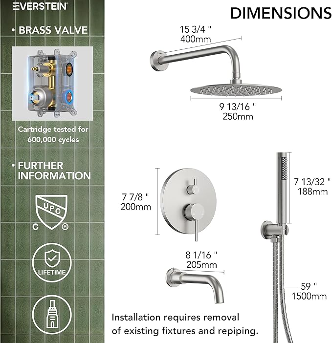 10" High-Pressure Rainfall Shower System with Handheld Spray, Wall Mount Bathroom Shower Faucet Set with Tub Spout (Brushed Nickel)