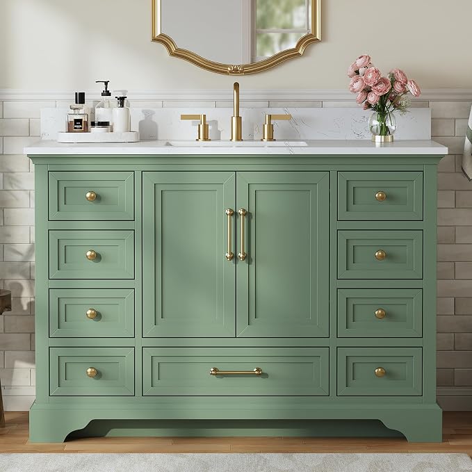 48 Inch Bathroom Vanity with Sink, Fully Assembled, Green | Bathroom Vanity with Solid Wood Frame, Carrara White Stone Countertop and Backsplash, 9 Soft-Close Dovetail Drawers