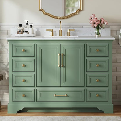 48 Inch Bathroom Vanity with Sink, Fully Assembled, Green | Bathroom Vanity with Solid Wood Frame, Carrara White Stone Countertop and Backsplash, 9 Soft-Close Dovetail Drawers