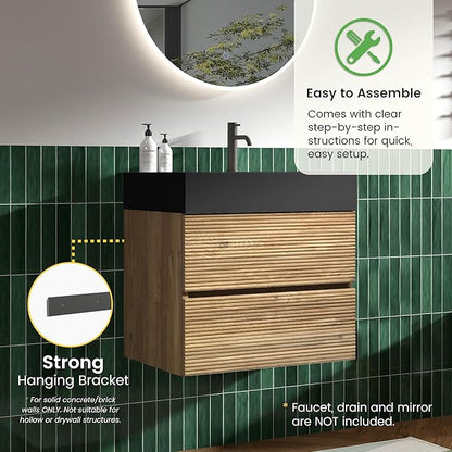 24 Inch Floating Bathroom Vanity with Black Sink, Modern Wall Mounted Floating Vanity with 2 Soft-Closing Drawers, Large Storage for Apartment, Hotel, Rough Oak