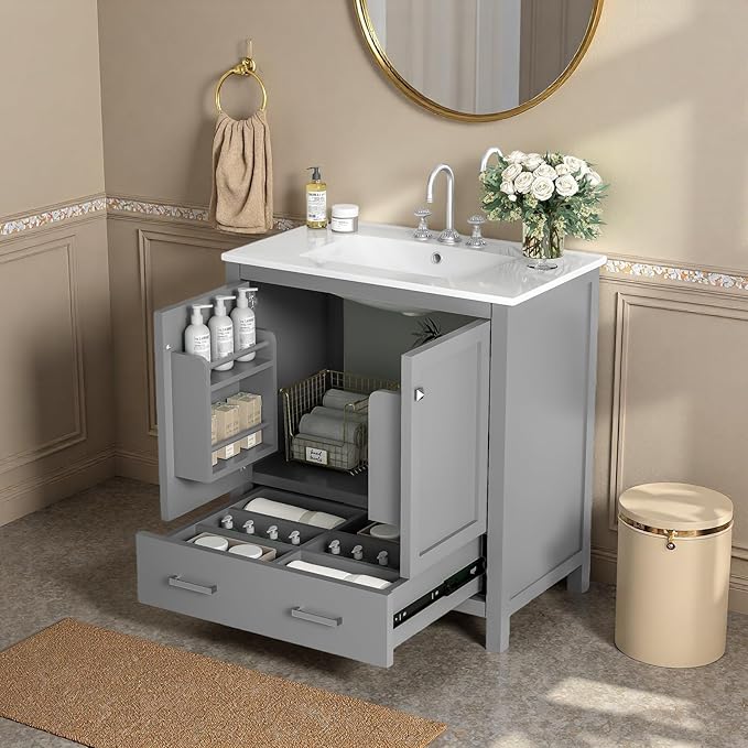 30" Freestanding Bathroom Vanity with Sink, Floor Stand Bathroom Storage Cabinet with Ceramic Sink, Doors with Double-Layered Storage Shelves, Modern Compact Vanity with Divided Drawer, Gray