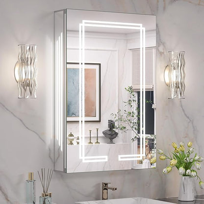 Keonjinn 20 x 32 Inch LED Medicine Cabinet Mirror, Bathroom Medicine Cabinet with Lights, Tempered Glass, UL-Listed, Adjustable Shelves, No Outlets, 3 Color Lights, Dimmable, Wall Mount Only