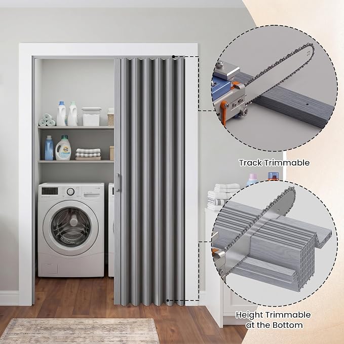 SmartStandard 32" x 80" Accordion Doors Interior, Double Walled, Gray Oak | Easy to Assemble, Save Space, PVC Accordion Folding Doors for Closet Doorway Basement, with Track and Hardware