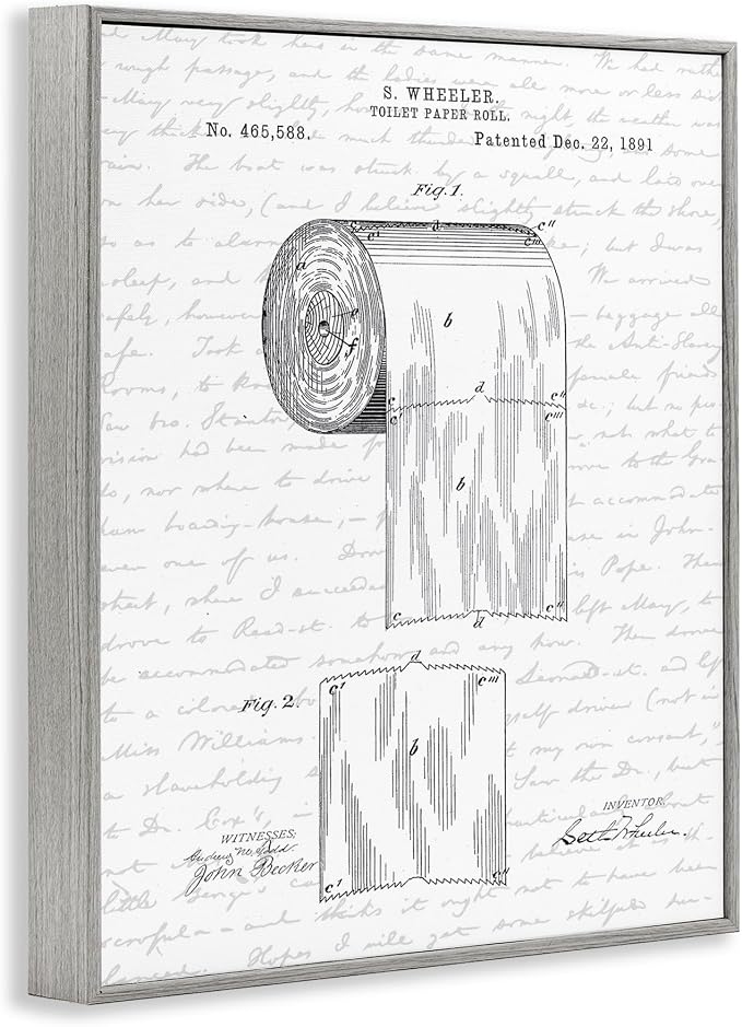 Stupell Industries 'Vintage Toilet Paper Roll Patent', Framed Giclee Art, Gray, 24 x 30 Inches, Easy to Hang and Sturdy, Made in USA, by Lettered and Lined