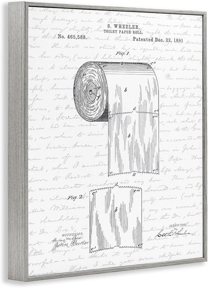 Stupell Industries 'Vintage Toilet Paper Roll Patent', Framed Giclee Art, Gray, 24 x 30 Inches, Easy to Hang and Sturdy, Made in USA, by Lettered and Lined