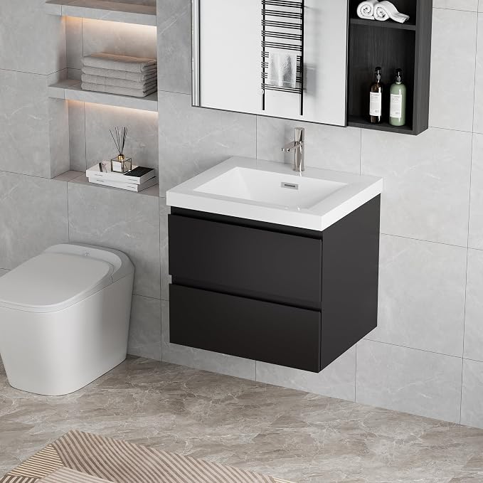 Pre-Assembled 24'' Wall Mounted Bathroom Vanity with Sink, Glossy Black | Floating Bathroom Vanity with Solid Surface Top Basin, 2 Soft-Close Drawers, Resin Integrated Sink, Easy to Install & Clean