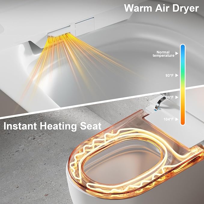 Smart Toilet with Bidet Heated Seat Auto Flush & Soft-Close Seat/Lid | Tankless Electric One Piece Toilets for Bathroom with Foot Sensor Warm Water Wash&Air Dry Siphon Dual Flush 0.8/1.2 GPF