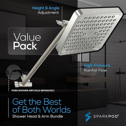SparkPod 6" Square Rain Shower Head with 16" Shower Arm | Shower Head & Extension Arm Combo, Height Adjustable, High Pressure Performance, Easy 1-Minute Installation, Brushed Nickel