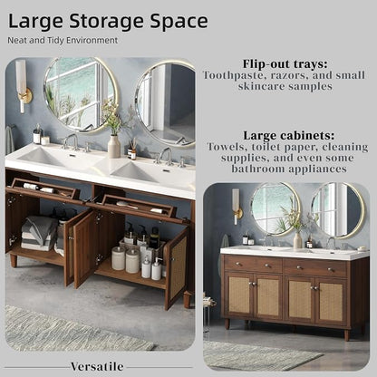 60" Farmhouse Double Sink Bathroom Vanity with Double Sinks, Soft Closing Doors and Flip-Out Drawers, Solid Wood Frame & MDF Wood Bathroom Sink Cabinet, Freestanding Solid Wood Legs