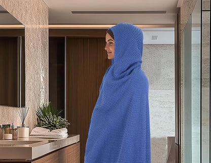 COTTON CRAFT Hooded Bath Towel for Adults – 100% Cotton Waffle Weave Towel | Oversized 35 x 70 inches Ringspun Terry Bath Sheet Wrap with a hood - Soft Super Absorbent Quick Dry – 450 GSM – Blue