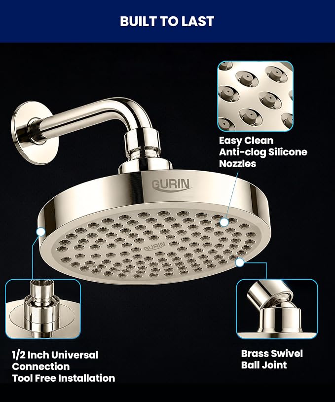 GURIN Shower Head - Luxury Brushed Nickel Finish - Rain Showerhead 6 Inch | High Pressure Shower Heads with Adjustable Angles, 90 Anti-Clog Nozzles, Tool-Free 1-Min Install