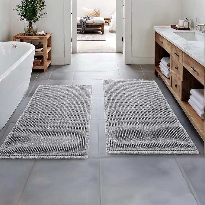 MIULEE Set of 2 Waffle Bathroom Runner Rugs Light Grey 2'x4'(24"x48") | Non Slip, Super Absorbent, Washable, Ultra Soft, Boho Bath Mats for Bathroom Hallway Bedroom Laundry Room Kitchen