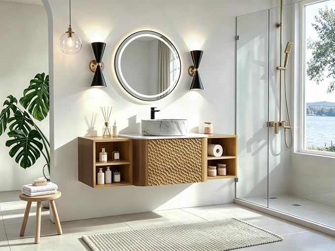 48 Inch Modern Bathroom Vanity with Ceramic Sink, Floating Bathroom Sink Cabinet with Sintered Stone Top&Solid Wood Hammered Frame, Single Bathroom Vanities w/Soft-Close Drawer&2 Side Open Cube