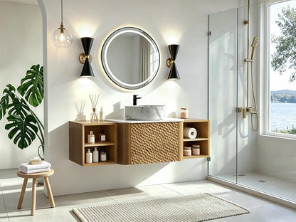 48 Inch Modern Bathroom Vanity with Ceramic Sink, Floating Bathroom Sink Cabinet with Sintered Stone Top&Solid Wood Hammered Frame, Single Bathroom Vanities w/Soft-Close Drawer&2 Side Open Cube