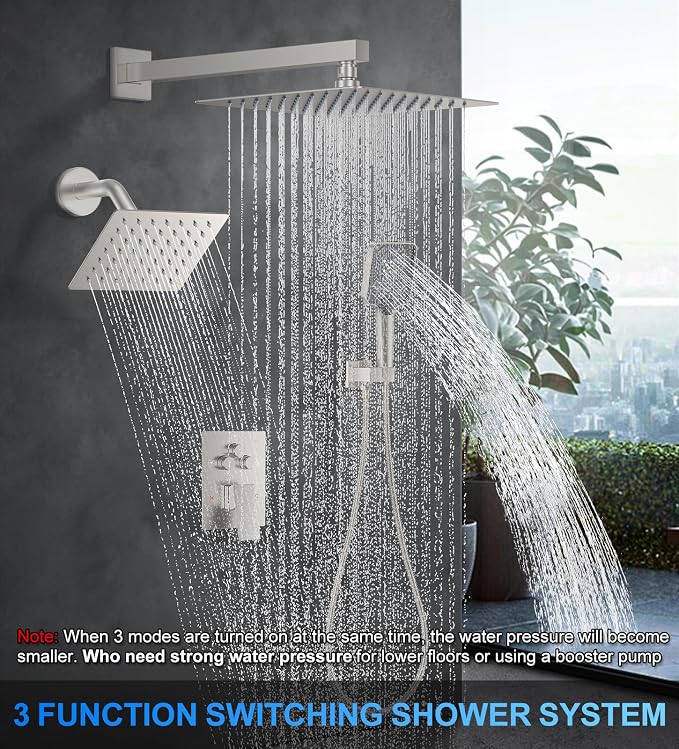 Woindo Shower Faucet Set, 10" Wall Mount Rainfall Shower System with 2 Rain Shower Head and Multi-function Handheld Head Push Button Diverter Shower Faucet Trim Kit