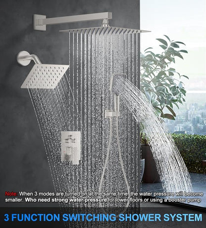 Woindo Shower Faucet Set, 10" Wall Mount Rainfall Shower System with 2 Rain Shower Head and Multi-function Handheld Head Push Button Diverter Shower Faucet Trim Kit