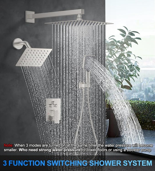 Woindo Shower Faucet Set, 10" Wall Mount Rainfall Shower System with 2 Rain Shower Head and Multi-function Handheld Head Push Button Diverter Shower Faucet Trim Kit