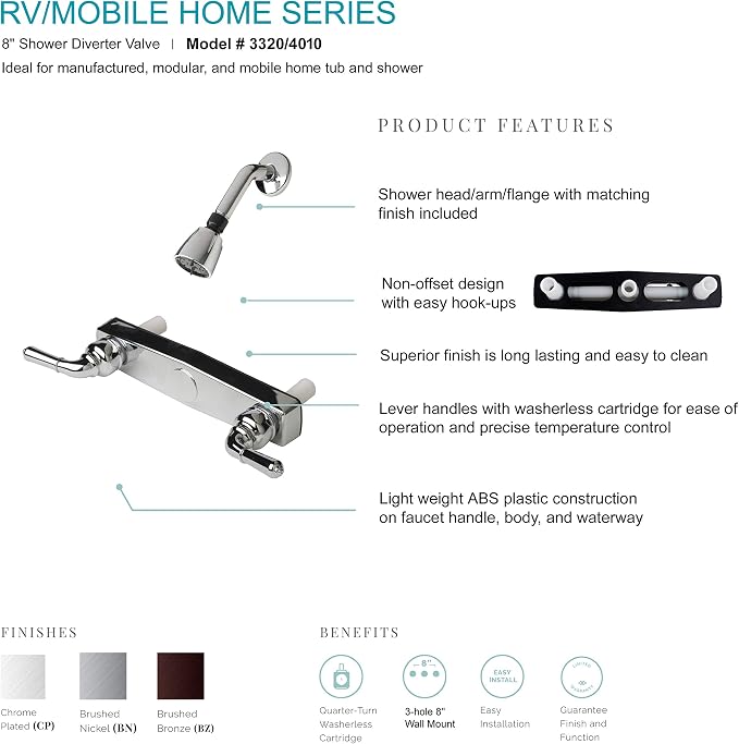 Laguna Brass 3320BN/4010BN Mobile Home Two Handle 8″ Shower Diverter with Matching Shower Head/Arm/Flange Brushed Nickel Finish