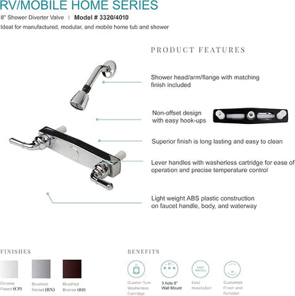 Laguna Brass 3320BN/4010BN Mobile Home Two Handle 8″ Shower Diverter with Matching Shower Head/Arm/Flange Brushed Nickel Finish