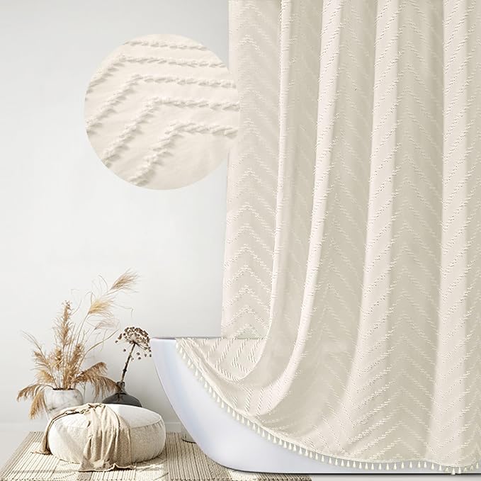 Siiluminisoy Extra Long Cream Shower Curtain with Tassel, Woven Fabric 90 in, Tufted Chevron Striped, 72 x 90, Modern Chic Textured Minimalist Bathroom