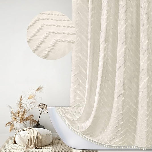 Farmhouse Boho Shower Curtain, Woven Fabric Cream Long, 72 x 78, Tufted Chevron Striped Modern Chic Textured Minimalist Bathroom Curtain