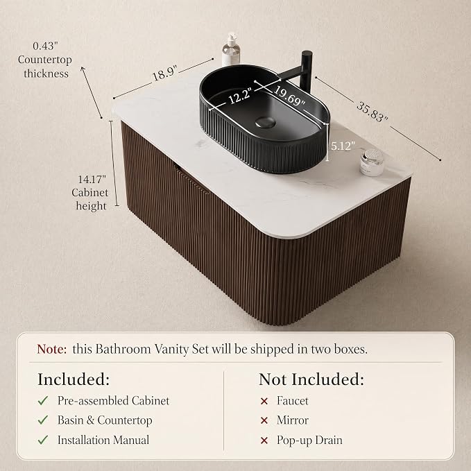 36 Inch Bathroom Vanity with Sink, Floating Wall Mounted Single Sink Vanity, Dark Walnut Curved Fluted Front, Stone Top, Black Textured Oval Vessel Basin, Pre-Assembled