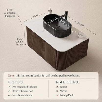 36 Inch Bathroom Vanity with Sink, Floating Wall Mounted Single Sink Vanity, Dark Walnut Curved Fluted Front, Stone Top, Black Textured Oval Vessel Basin, Pre-Assembled