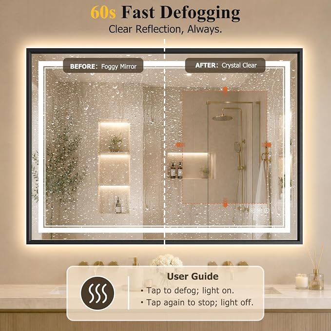 36"x48" LED Bathroom Mirror with Lights, Backlit + Front Lit, Anti-Fog | Lighted Bathroom Mirror with One-Piece Aluminum Alloy Frame, HD Shatterproof Tempered Glass, Dimmable, Memory Function