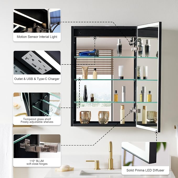 20" X 30" LED Mirrored Medicine Cabinet, Medicine Cabinets with Lights for Bathroom, Defogging Function Mirror Cabinet, Bathroom Medicine Cabinet with USB Port & Outlet, Right Opening Doors