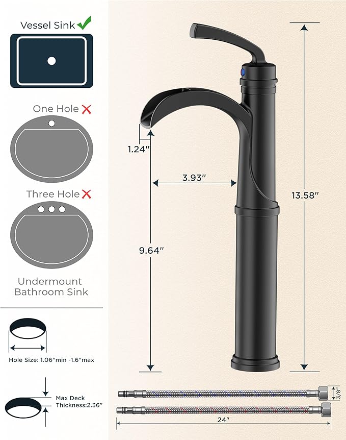 Forious Black Bathroom Faucets, Tall Waterfall Bathroom Faucet Single Handle One Hole Deck Mount Bowl Vessel Sink Faucet Bathroom with Metal Pop Up Drain and Supply Lines
