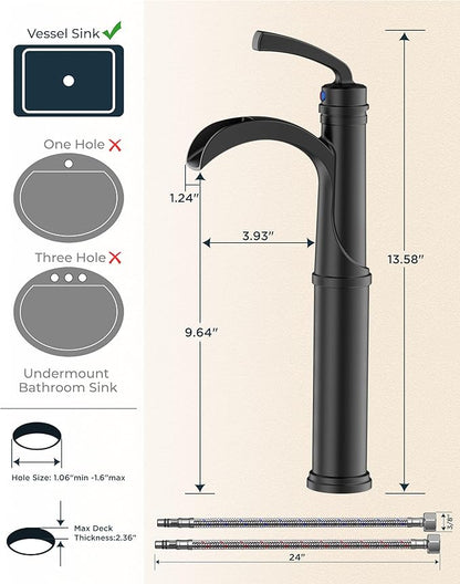 Forious Black Bathroom Faucets, Tall Waterfall Bathroom Faucet Single Handle One Hole Deck Mount Bowl Vessel Sink Faucet Bathroom with Metal Pop Up Drain and Supply Lines