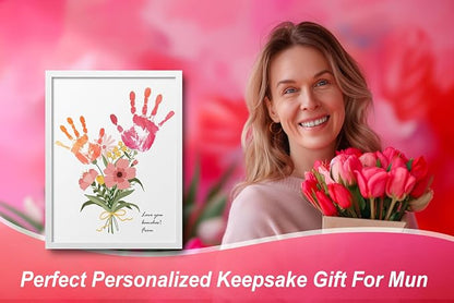 TwoDays Flower Bouquet Handprint Art Craft DIY Kit, Unique Gifts for Mom from Daughter or Son for Mother's Day Birthday Christmas, Gift for Grandma. (Floral-1, White)