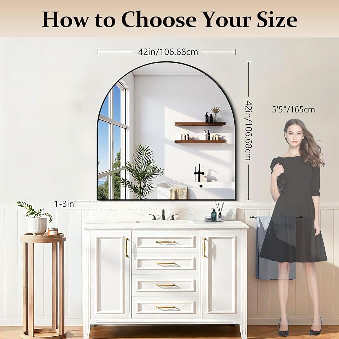 COFENY Arched Mirror, 42’’x42’’ Black Arch Mirror for Bathroom, Large Arched Bathroom Mirror with Frame, Modern Wall Mounted Mirror for Over Sink Mantle Bedroom Vanity Living Room Entryway