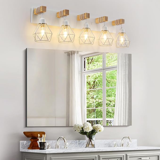 VbiTmn Bathroom Light Fixtures,5 Light White Farmhouse Wood Vanity Lights | Rustic Design, Diamond Metal Shades, Easy to Install, Wall Sconces for Bathroom, Bedroom, Makeup Area, Over Vanity Mirror