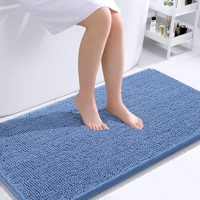 OLANLY Bathroom Runner Rugs 44x24, Soft Absorbent Chenille Bath Rugs, Rubber Backing Quick Dry, Machine Washable Long Bath Mats for Bathroom, Tub and Shower, Home Decor Accessories, Cornflower Blue | Cornflower Blue, Quick-Drying Rubber Backing, Machin...