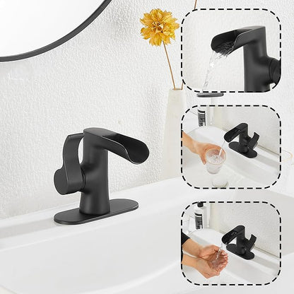 Single Handle Bathroom Faucet Matte Black Waterfall GGStudy Bathroom Vanity Faucet Black Basin Matching Pop Up Drain with Overflow