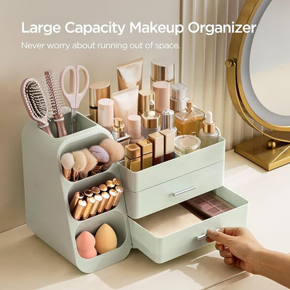 HBlife Makeup Organizer with Brush Holder for Vanity, Large Plastic Bathroom Countertop Organizer Skin Care Storage, Easy to Store Lipsticks, Nail Polishes, Perfumes, Eyeshadow Palettes, All Green