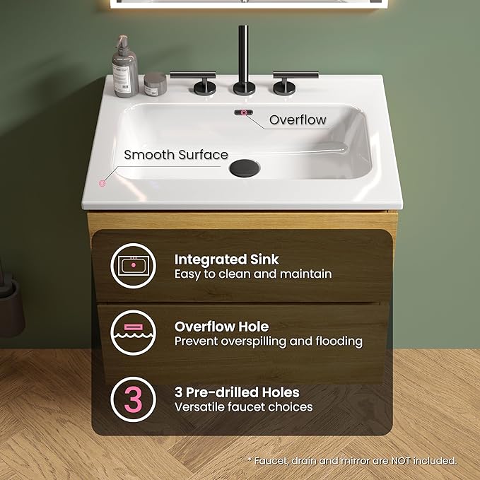 24" Bathroom Vanity with Sink, Modern Floating Vanity with Double Soft Closing Drawers, Large Storage for Small Space, Natural Oak, Fully Assembled - Iris Collection