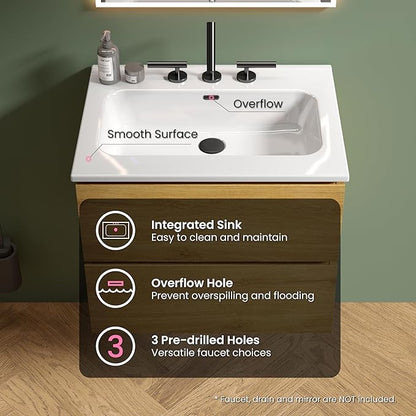 24" Bathroom Vanity with Sink, Modern Floating Vanity with Double Soft Closing Drawers, Large Storage for Small Space, Natural Oak, Fully Assembled - Iris Collection