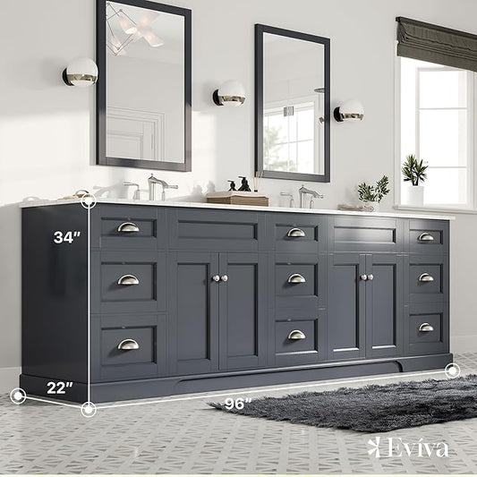 Eviva Epic 96 in. Charcoal Gray Double Sink Bath Vanity with Carrara Quartz Top
