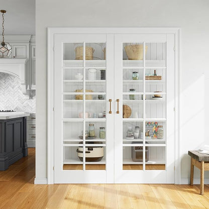 SMARTSTANDARD 60" x 80" Clear Glass French Interior Solid Core Door Slab | 10-Lite Glass Pantry Door for Bathroom Laundry Pocket, Pre-Assembled Panel without Hardware, White Primed