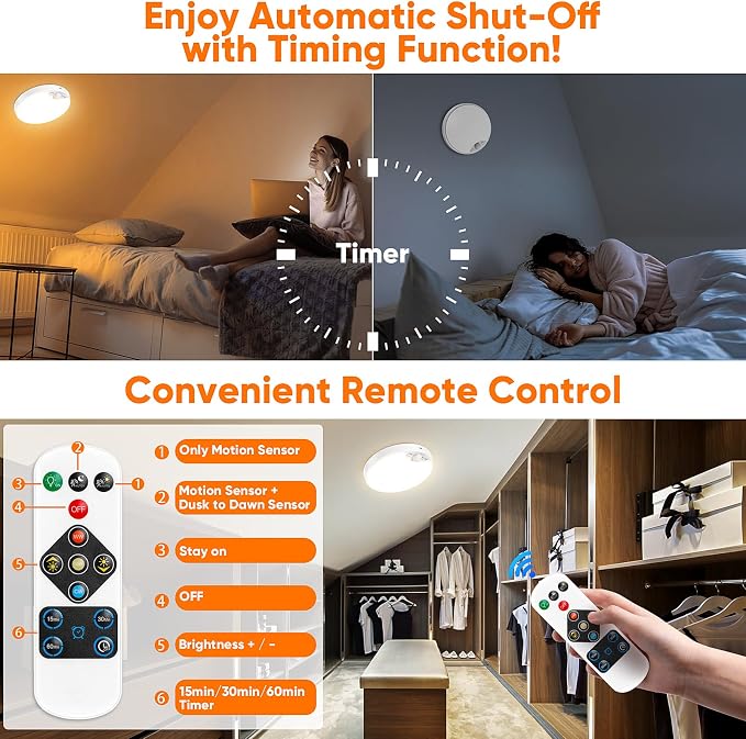 Rechargeable Motion Sensor Ceiling Light, 12000mAh Battery Closet Light | Wireless Battery Powered LED Shower Light, Magnetic Cordless Ceiling Light with Remote, Overhead Lamp for Pantry Shed, 2-Pack