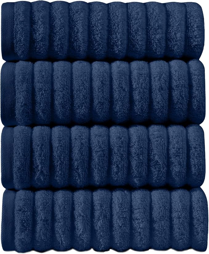 Elegant Comfort Luxury 100% Turkish Cotton Corduroy Ribbed 4 Pack Hand Towel Set 16 x 28 Inch - Absorbent, Super Soft, Quick Dry, Premium Towels for Bathroom, Gym, Spa and Hotel Use, Navy